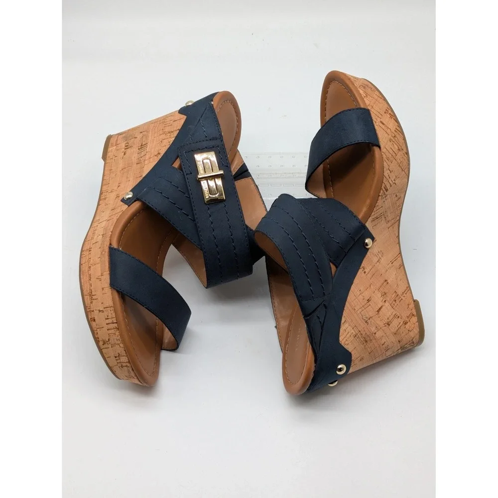 Tommy Hilfiger Womens 8.5M Navy Blue Cork Wedge Sandals Platform Gold Hardware